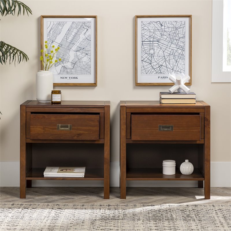 Pemberly Row 1-Drawer Classic Solid Wood Bedroom Nightstand Set in Walnut