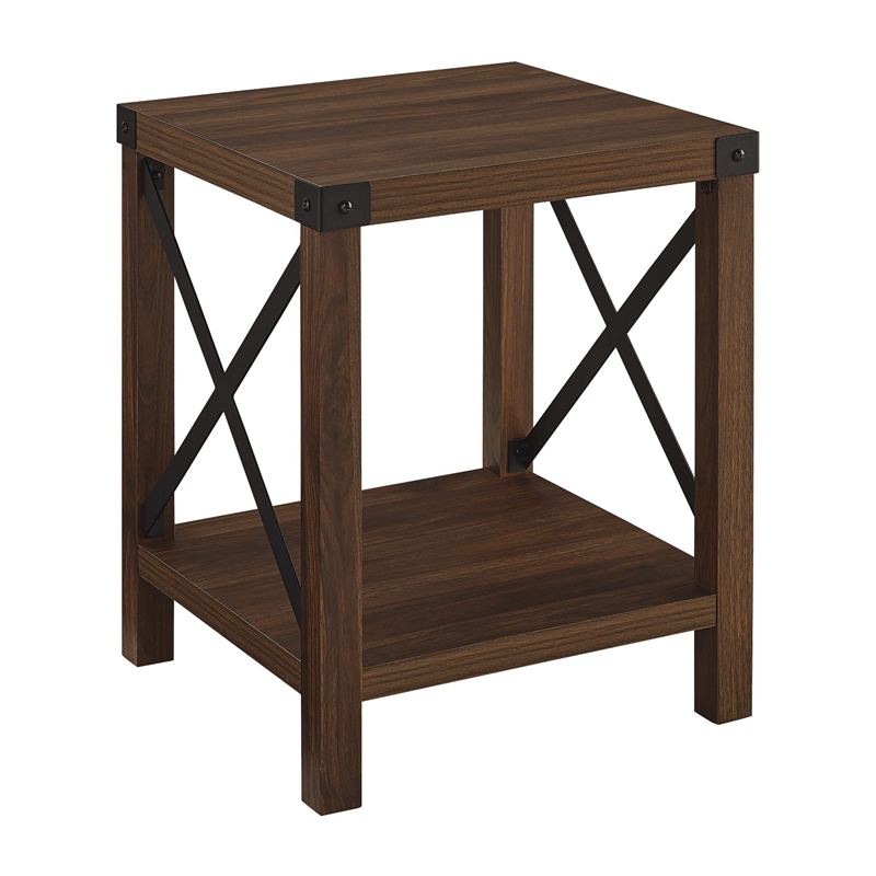 Pemberly Row Wood X-Shaped Frame Rustic End Table in Dark Walnut/Black