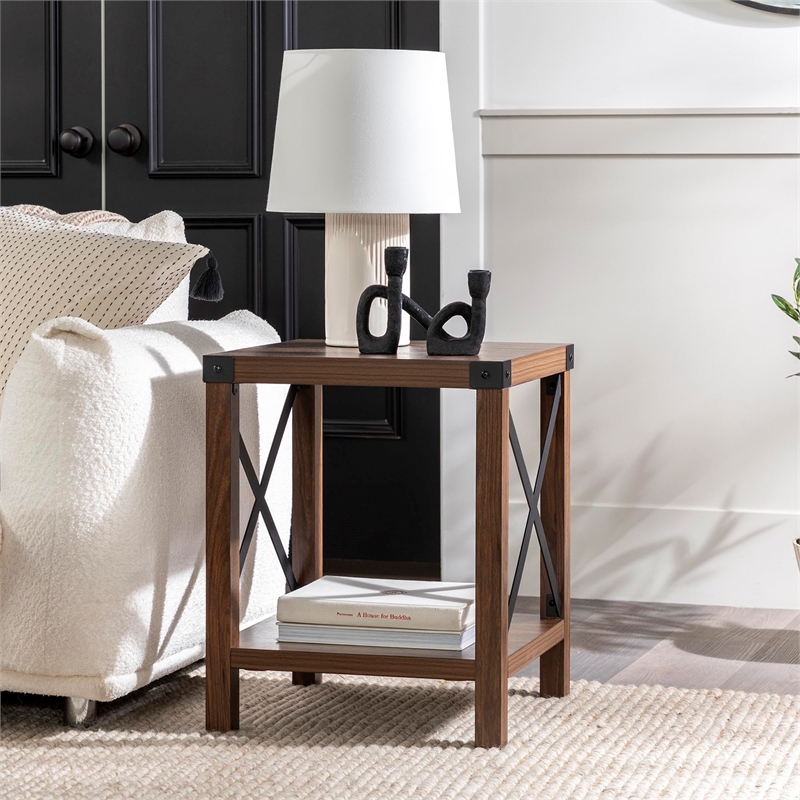Pemberly Row Wood X-Shaped Frame Rustic End Table in Dark Walnut/Black