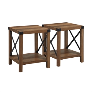 Pemberly Row Farmhouse Metal-X End Tables with Shelf in Rustic Oak (Set of 2)