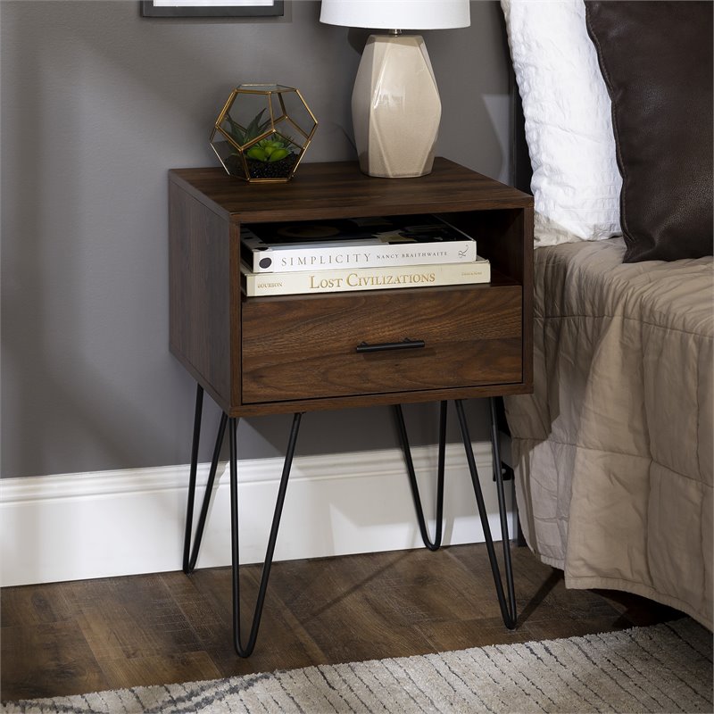 Pemberly Row Modern Metal Hairpin Leg 1-Drawer End Table Set in Dark Walnut