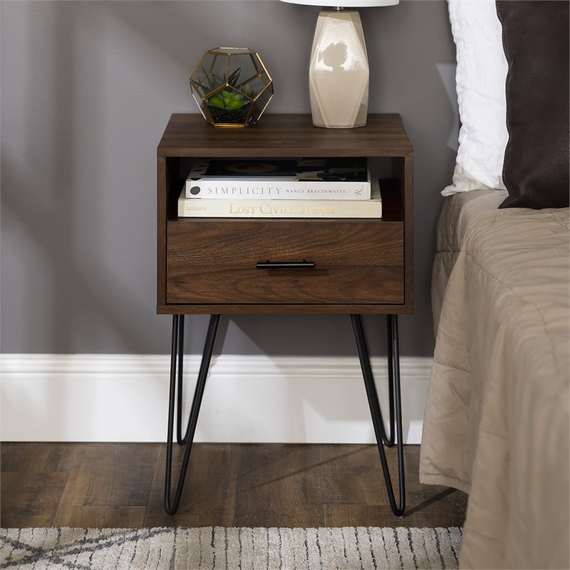 Pemberly Row Modern Metal Hairpin Leg 1-Drawer End Table Set in Dark Walnut