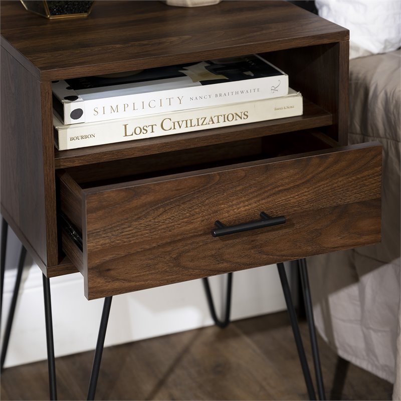 Pemberly Row Modern Metal Hairpin Leg 1-Drawer End Table Set in Dark Walnut
