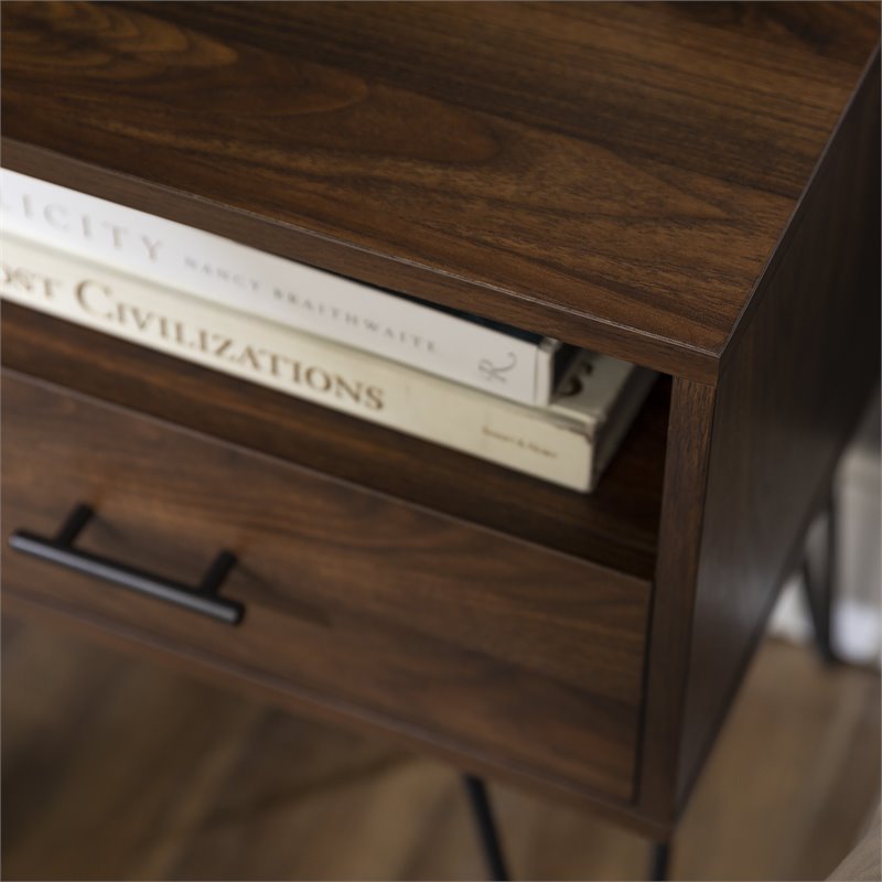 Pemberly Row Modern Metal Hairpin Leg 1-Drawer End Table Set in Dark Walnut