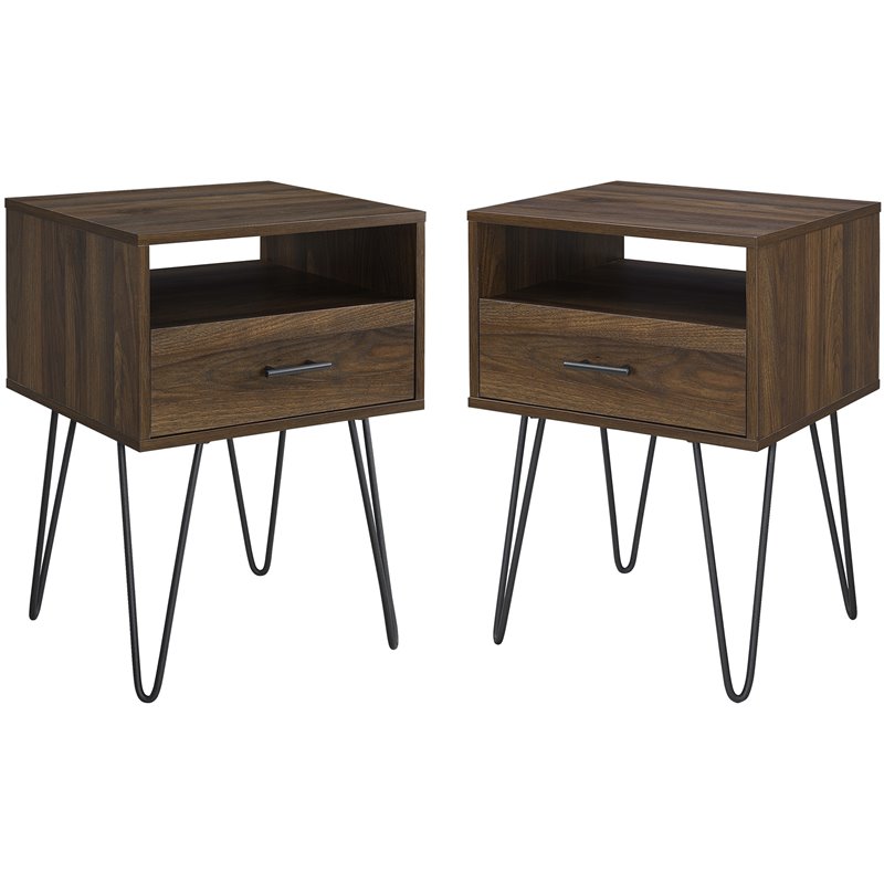 Pemberly Row Modern Metal Hairpin Leg 1-Drawer End Table Set in Dark Walnut