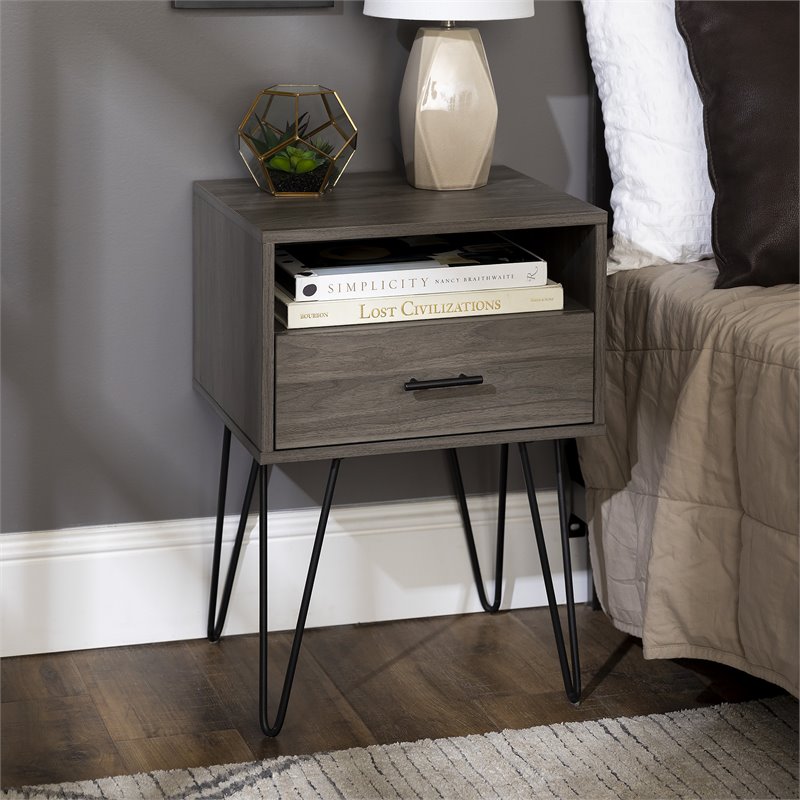 Pemberly Row Modern Metal Hairpin Leg 1-Drawer End Table Set in Slate Gray