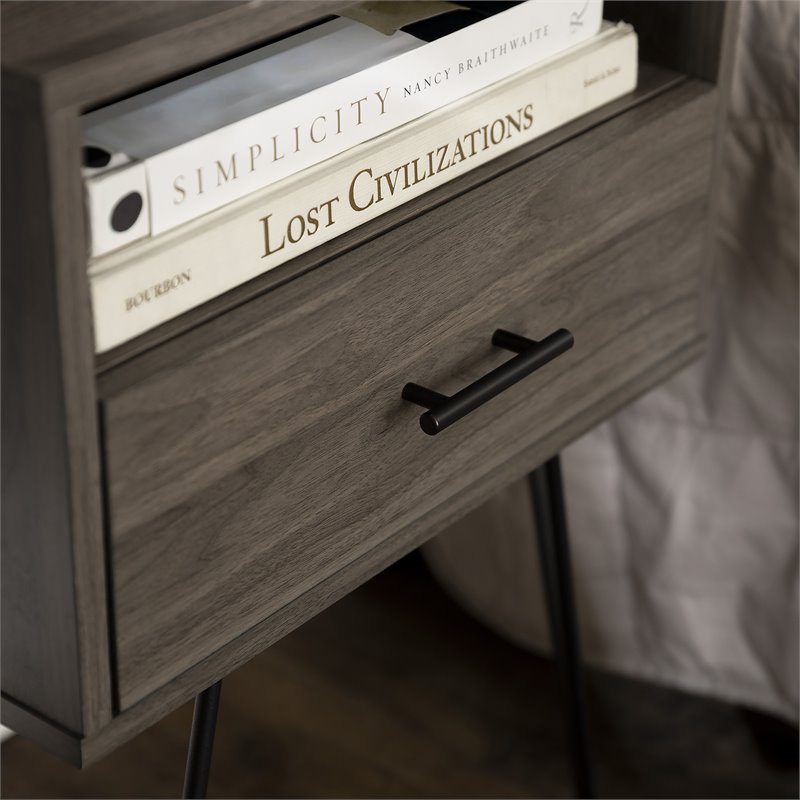 Pemberly Row Modern Metal Hairpin Leg 1-Drawer End Table Set in Slate Gray