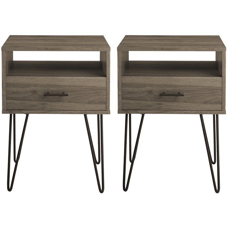 Pemberly Row Modern Metal Hairpin Leg 1-Drawer End Table Set in Slate Gray