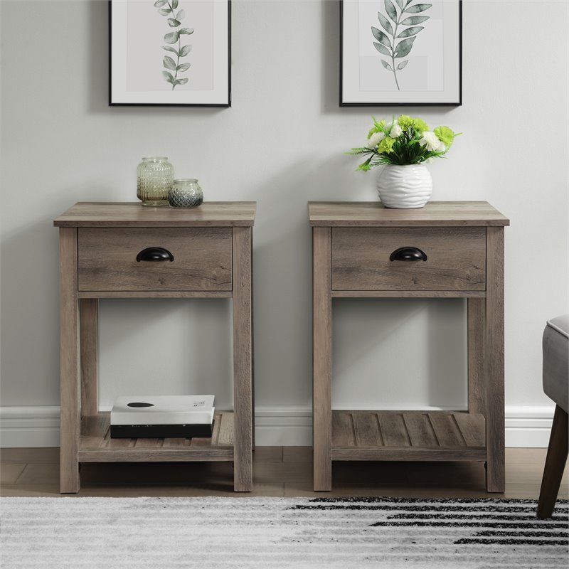 Pemberly Row Country Farmhouse Single Drawer End Table Set in Gray Wash