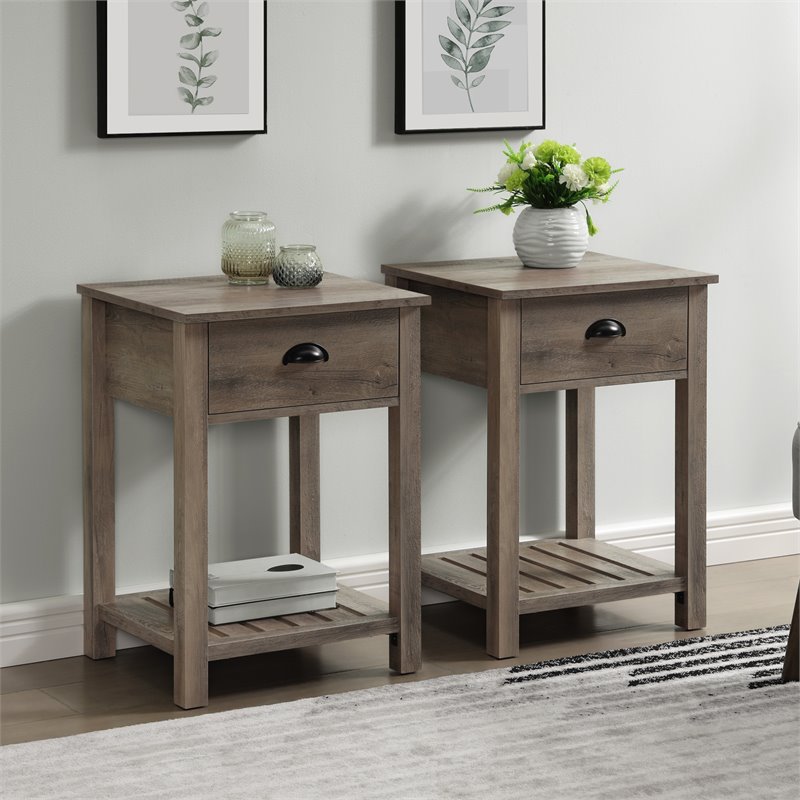 Pemberly Row Country Farmhouse Single Drawer End Table Set in Gray Wash