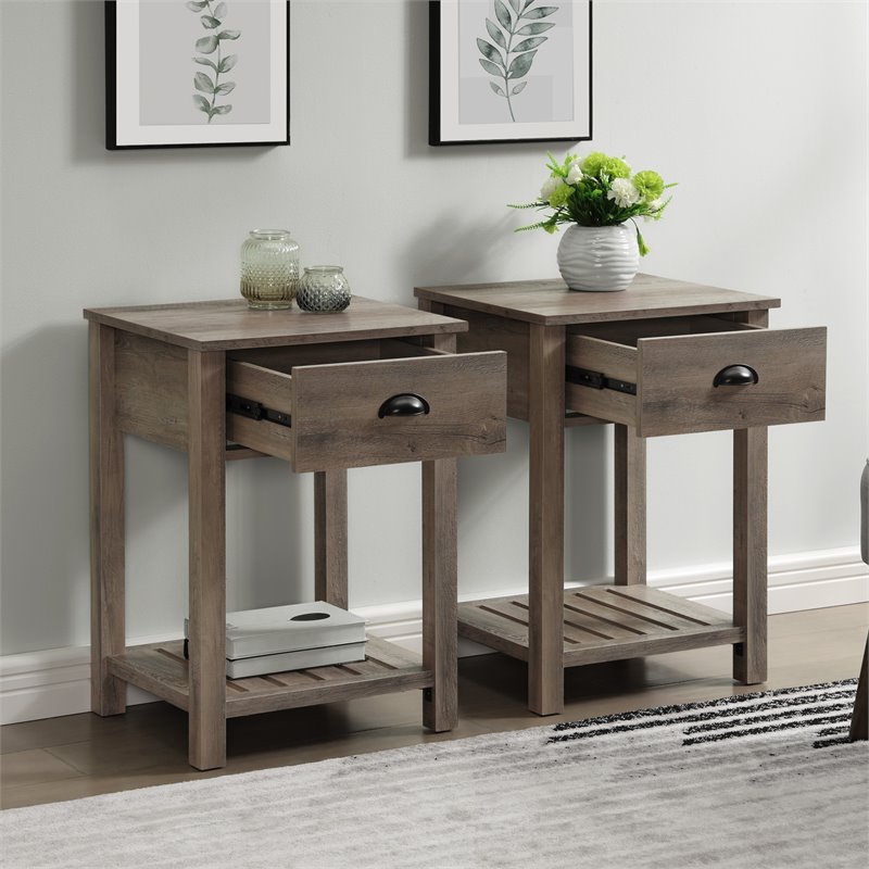 Pemberly Row Country Farmhouse Single Drawer End Table Set in Gray Wash