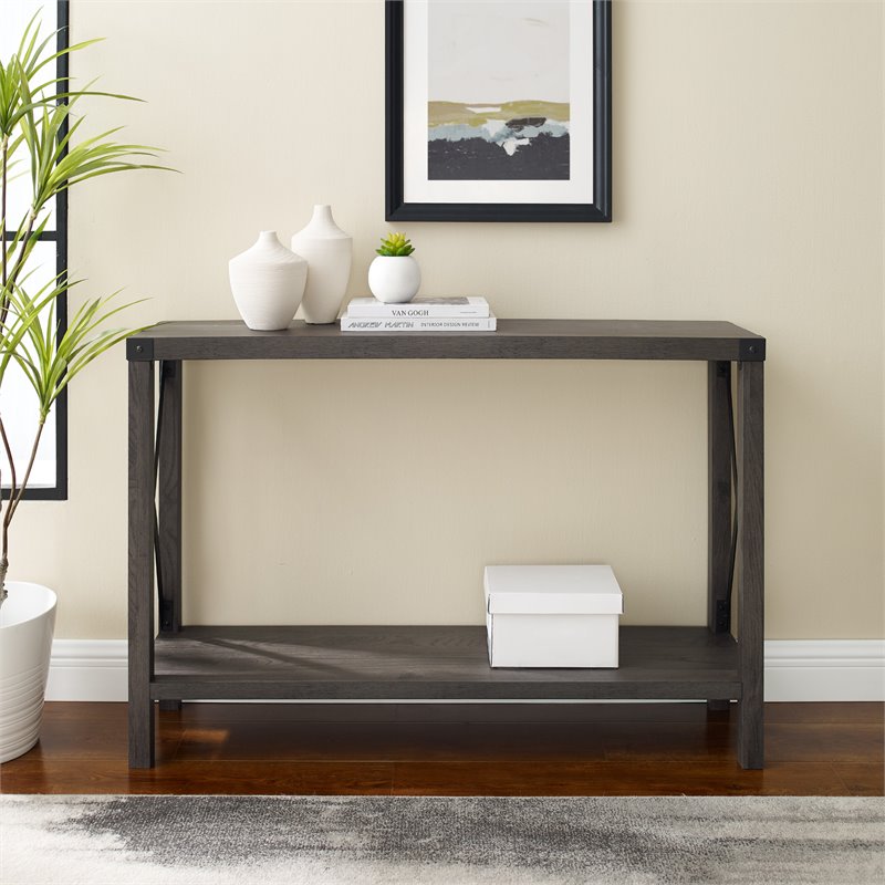 Pemberly Row Farmhouse Metal-X Entry Table with Lower Shelf in Sable