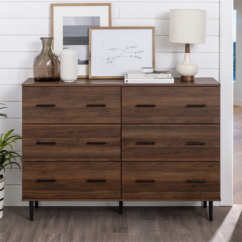 Pemberly Row Modern Wood 6-Drawer Dresser in Dark Walnut