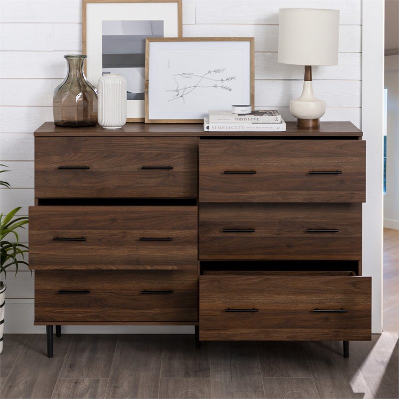 Pemberly Row Modern Wood 6-Drawer Dresser in Dark Walnut