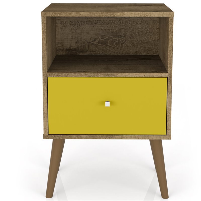 Pemberly Row 1-Drawer Transitional Solid Wood Nightstand in Yellow/Rustic Brown