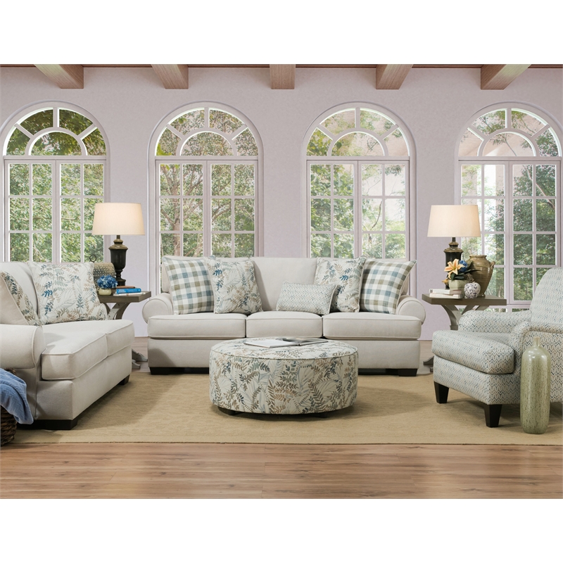 Pemberly Row Round Traditional Fabric Arm Sofa With Pillows in Cream