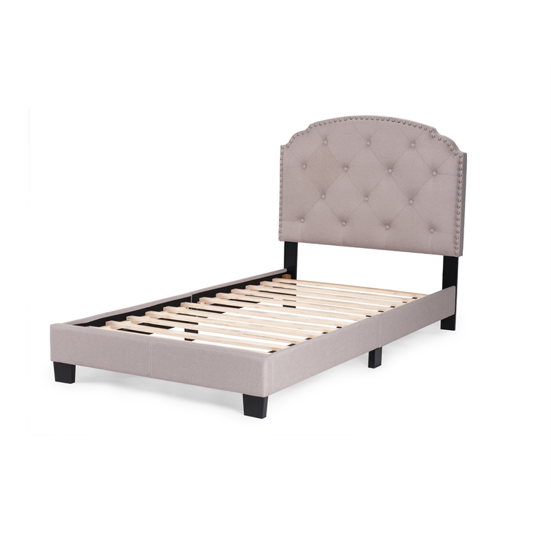 Pemberly Row Twin Burlap Fabric Upholstered Bed Frame with Slats in Light Brown