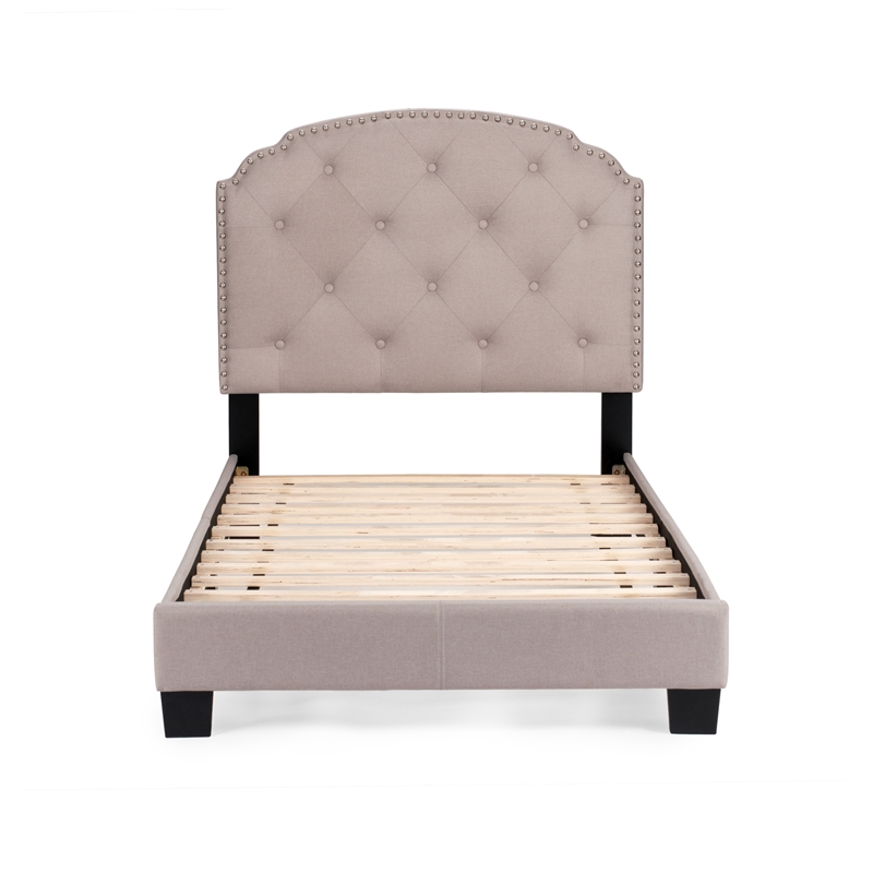 Pemberly Row Twin Burlap Fabric Upholstered Bed Frame with Slats in Light Brown