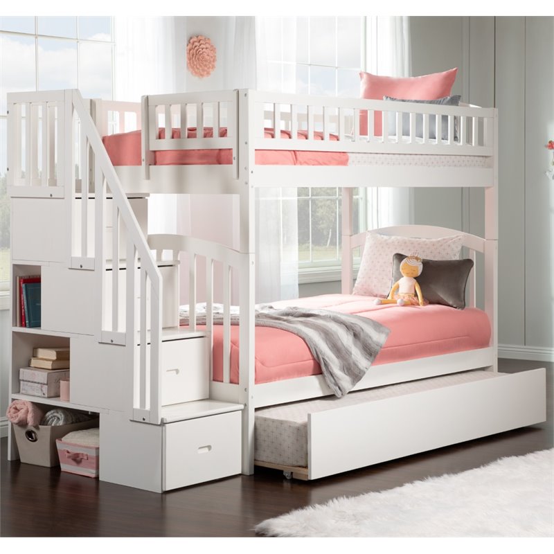 Pemberly Row Traditional Wood Staircase Bunk Twin Over Twin w/ Trundle in White
