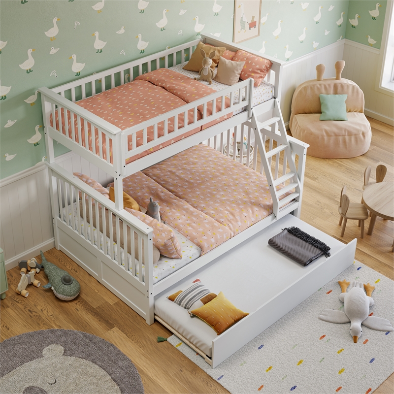 Pemberly Row Twin over Full Solid Wood Bunk Bed with Trundle in White