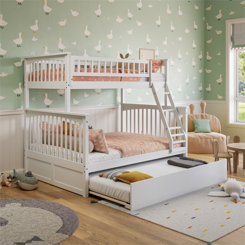 Pemberly Row Twin over Full Solid Wood Bunk Bed with Trundle in White