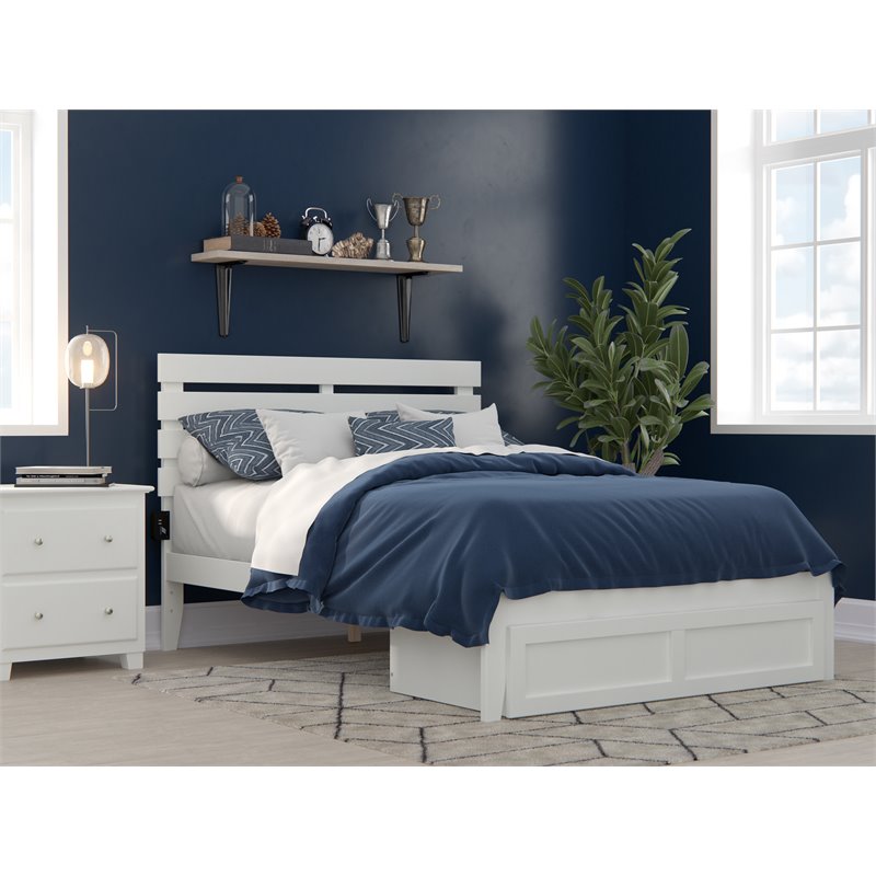 Pemberly Row Farmhouse Solid Wood Full Bed with Foot Drawer in White