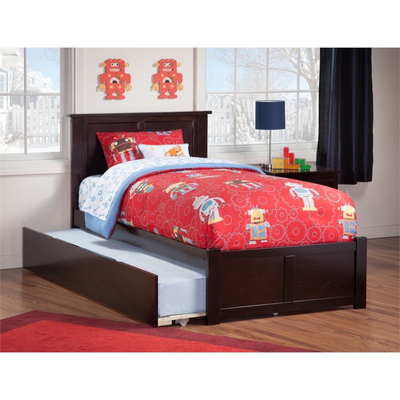 Pemberly Row Twin XL Platform Bed with Footboard & Twin XL Trundle in Espresso