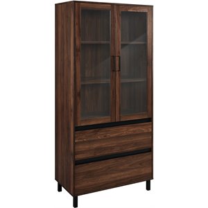 Pemberly Row 68&quot Glass Door Storage Hutch with Adjustable Shelves in Dark Walnut