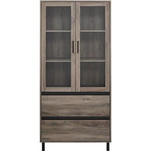 Pemberly Row 68&quot Glass Door Storage Hutch with Adjustable Shelves in Gray Wash
