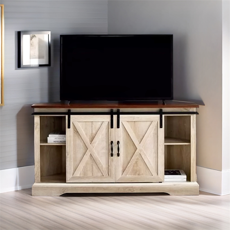 Pemberly Row Traditional Wood Corner TV Stand for TVs up to 52