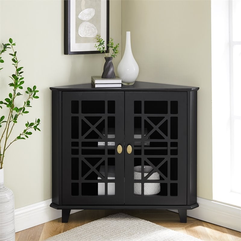 Pemberley Row Engineered Wood Black Corner Accent Cabinet Rectangular Stylish Fretwork Design 30