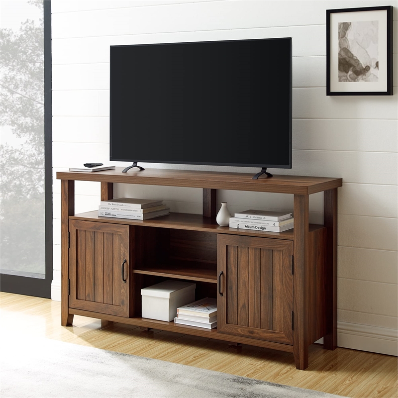 Pemberly Row Farmhouse Wood Grooved-Door TV Stand for TVs up to 58