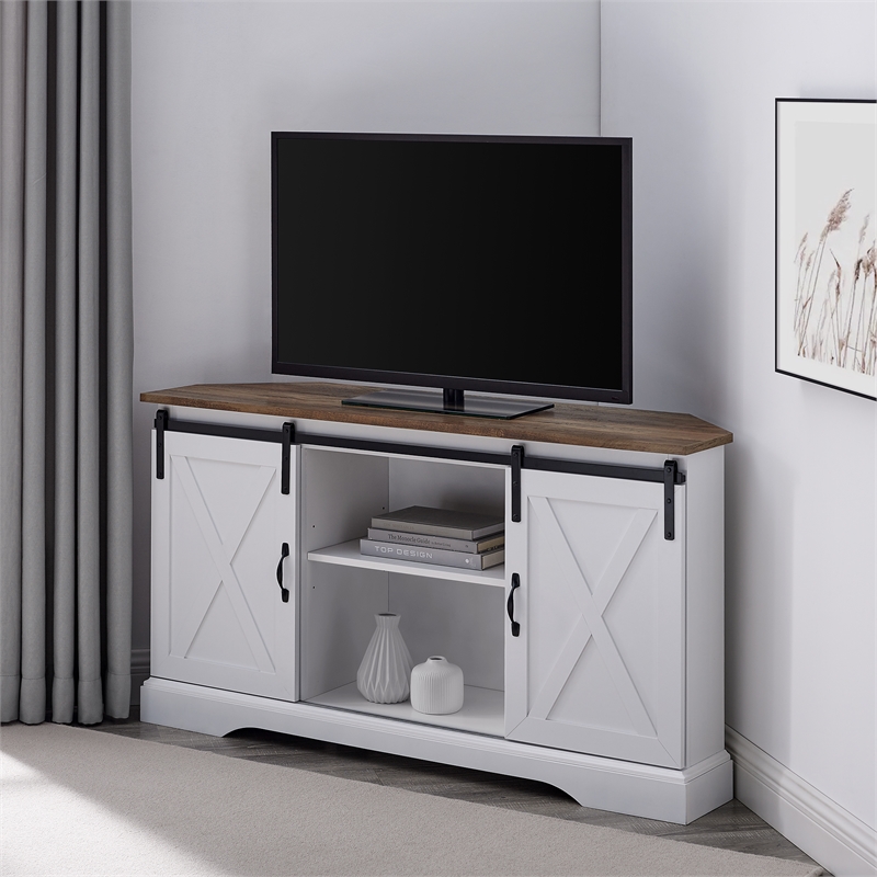 Pemberly Row Rustic Wood Corner TV Stand for TVs up to 52