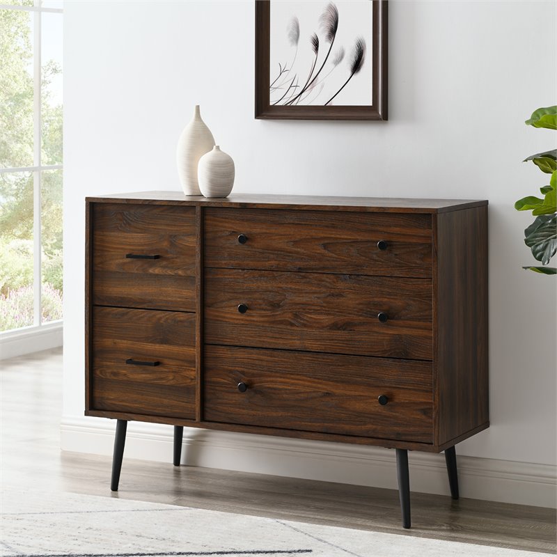 Pemberly Row Modern 5-Drawer Metal and Wood Bedroom Dresser in Dark Walnut