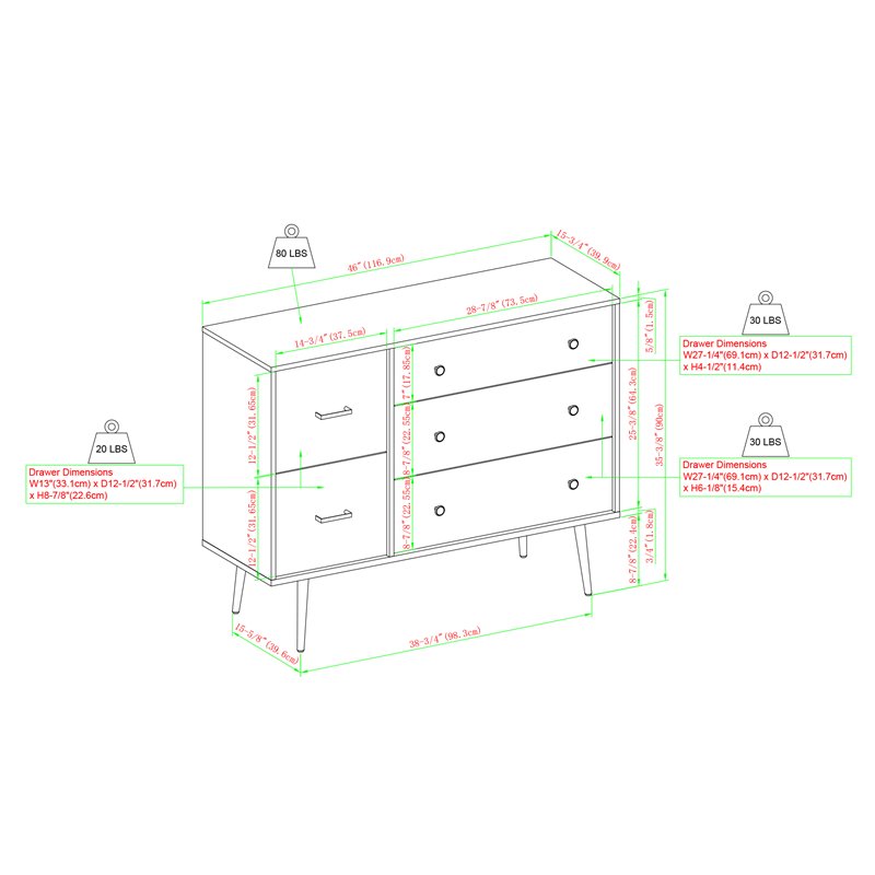 Pemberly Row Modern 5-Drawer Metal and Wood Bedroom Dresser in Dark Walnut