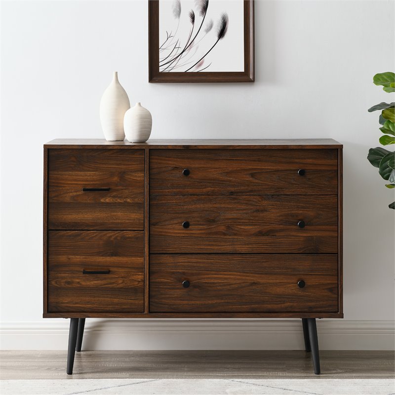 Pemberly Row Modern 5-Drawer Metal and Wood Bedroom Dresser in Dark Walnut