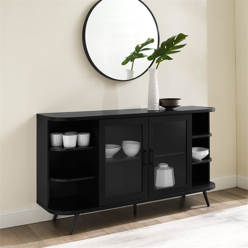 Pemberly Row Modern Curved Edge Fluted Glass Door Sideboard in Solid Black