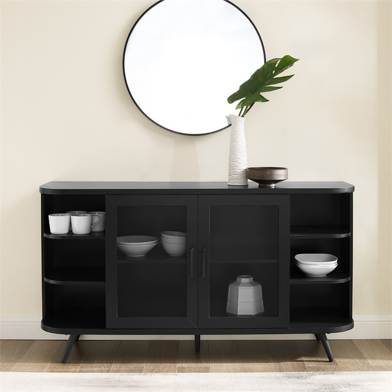 Pemberly Row Modern Curved Edge Fluted Glass Door Sideboard in Solid Black