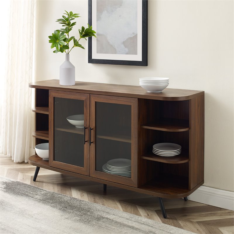 Pemberly Row Modern Curved Edge Fluted Glass Door Sideboard in Dark Walnut