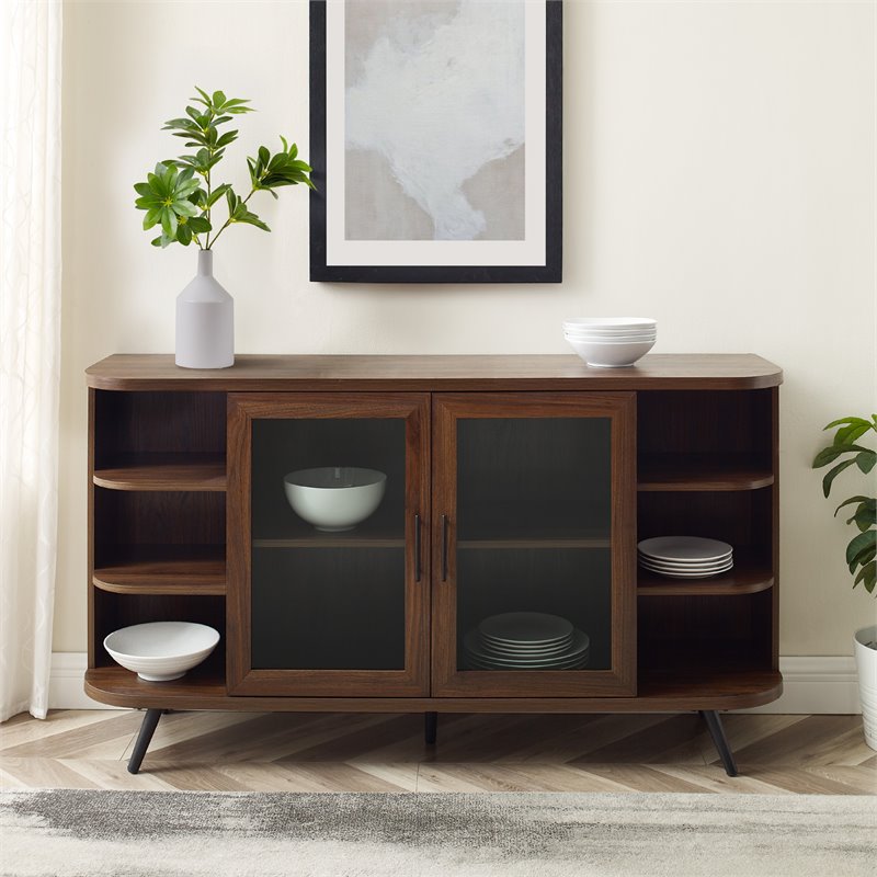 Pemberly Row Modern Curved Edge Fluted Glass Door Sideboard in Dark Walnut