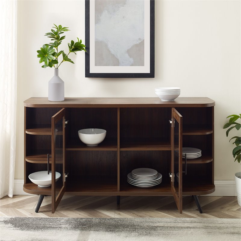 Pemberly Row Modern Curved Edge Fluted Glass Door Sideboard in Dark Walnut