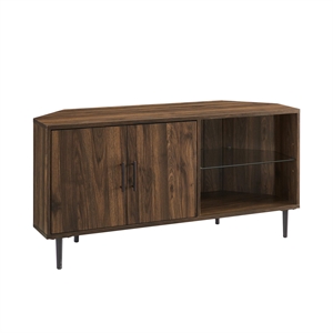 Pemberly Row 48&quot 2-Door Glass Shelf Corner TV Stand in Dark Walnut
