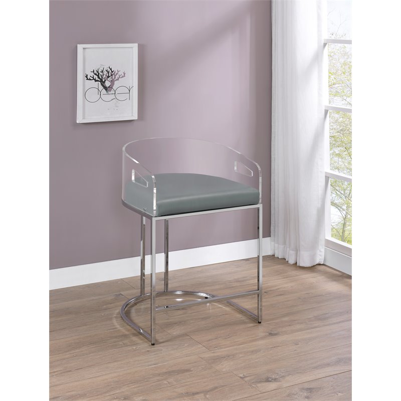 Pemberly Row Acrylic Back Counter Height Stool in Grey and Chrome
