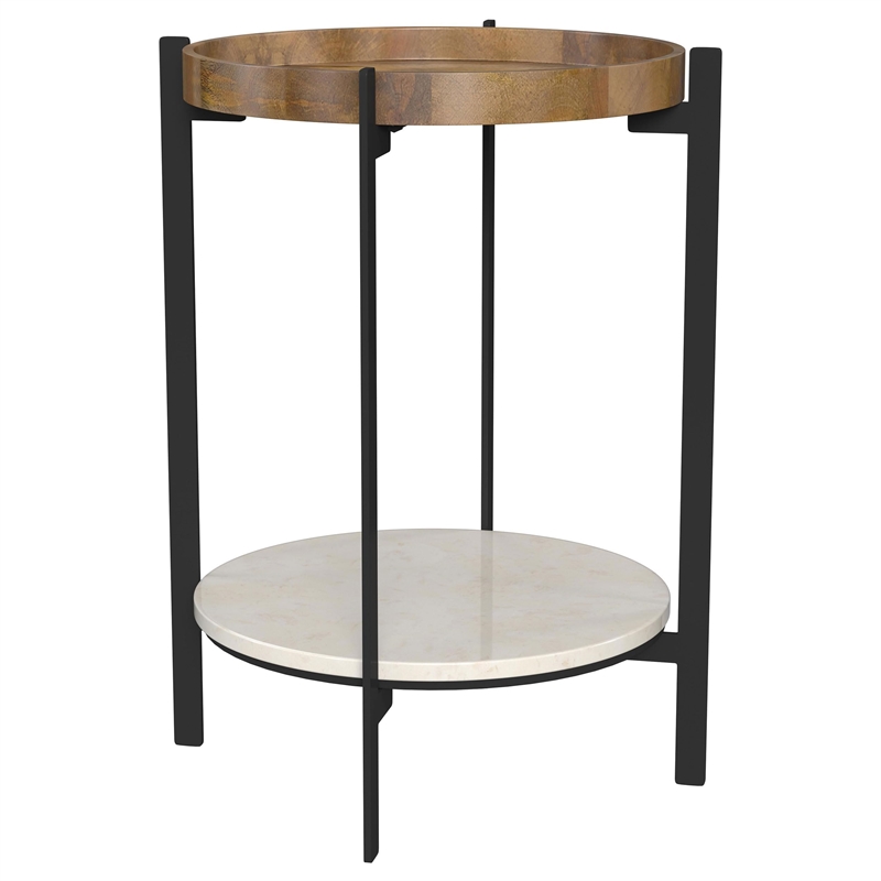 Pemberly Row Round Accent Table with Marble Shelf in Natural and Black