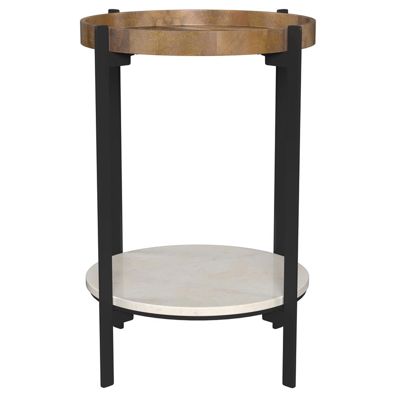 Pemberly Row Round Accent Table with Marble Shelf in Natural and Black