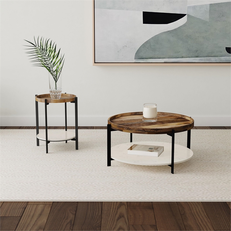 Pemberly Row Round Accent Table with Marble Shelf in Natural and Black