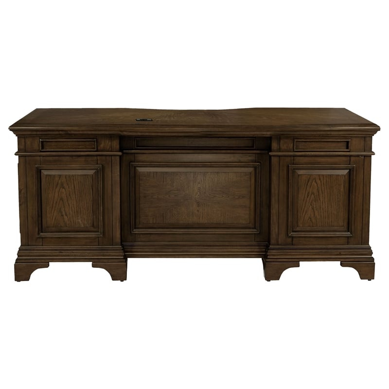 Pemberly Row Executive Desk with File Cabinets in Burnished Oak