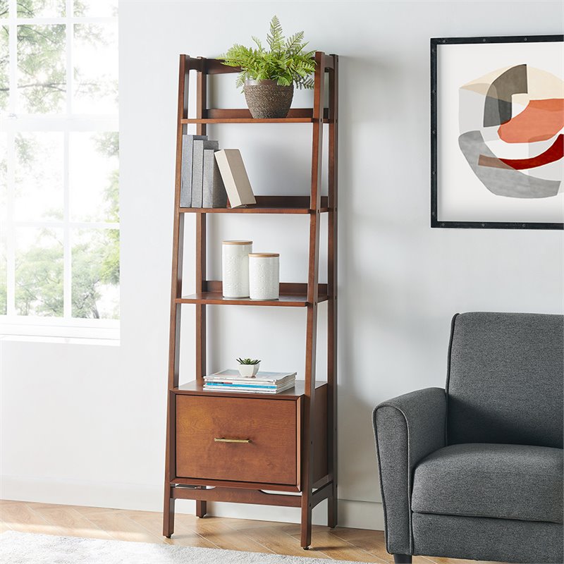 Pemberly Row 4-Shelf Narrow Mid-Century Wood Etagere Bookcase in Mahogany