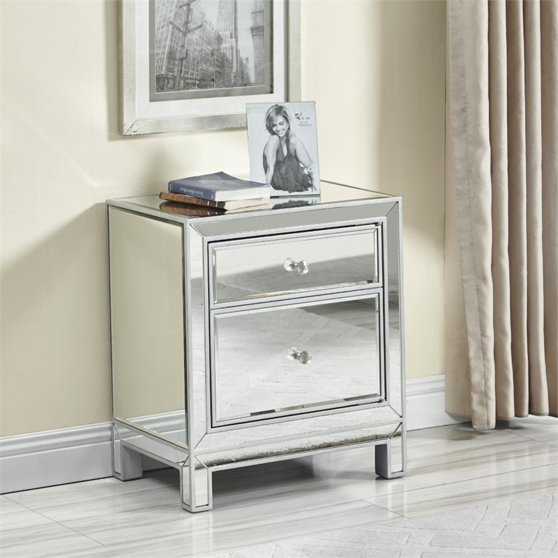 Pemberly Row 1 Door Mirrored Nightstand in Antique Silver Finish