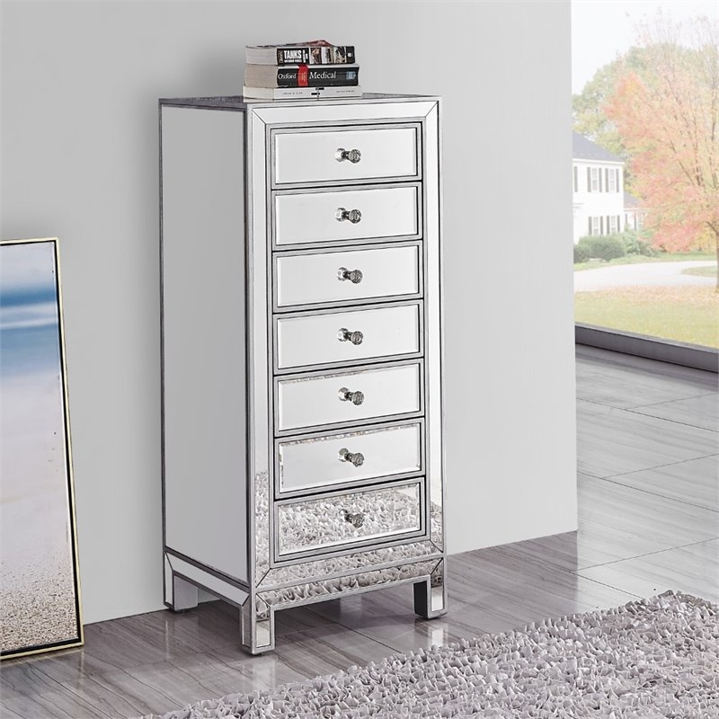 Pemberly Row Modern 7-Drawer Petite Mirrored Glass Lingerie Chest in Silver